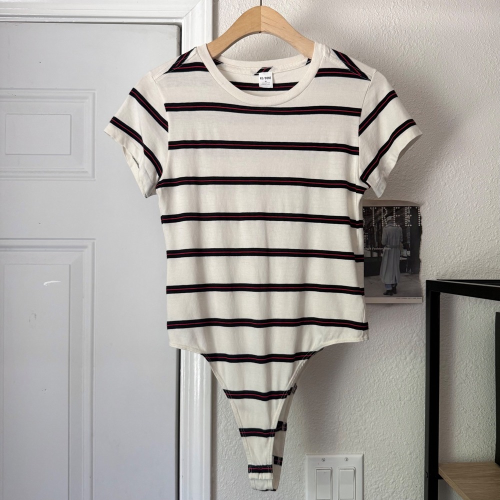 RE/DONE off white red black striped cotton crew knit neck short sleeve bodysuit